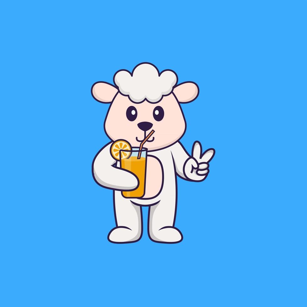 Cute sheep holding orange juice in glass. Animal cartoon concept isolated. Can used for t-shirt, greeting card, invitation card or mascot. Flat Cartoon Style vector