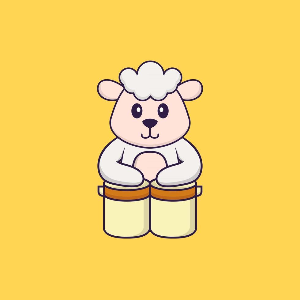 Cute sheep is playing drums. Animal cartoon concept isolated. Can used for t-shirt, greeting card, invitation card or mascot. Flat Cartoon Style vector