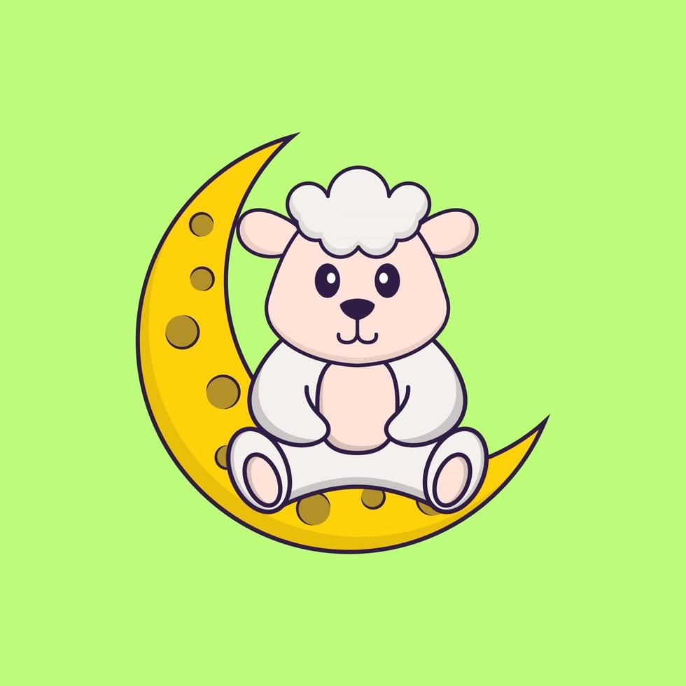 Cute sheep is sitting on the moon. Animal cartoon concept isolated. Can used for t-shirt, greeting card, invitation card or mascot. Flat Cartoon Style vector