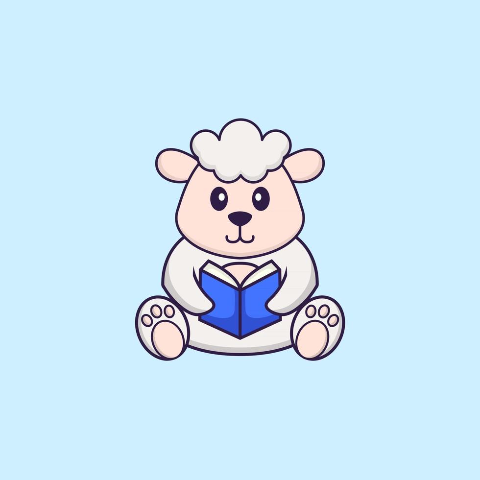 Cute sheep reading a book. Animal cartoon concept isolated. Can used for t-shirt, greeting card, invitation card or mascot. Flat Cartoon Style vector