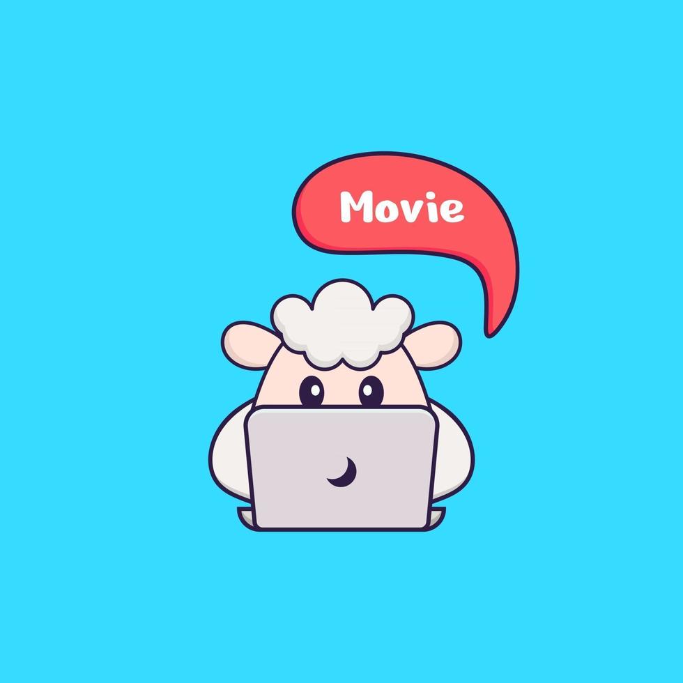 Cute sheep is watching a movie. Animal cartoon concept isolated. Can used for t-shirt, greeting card, invitation card or mascot. Flat Cartoon Style vector