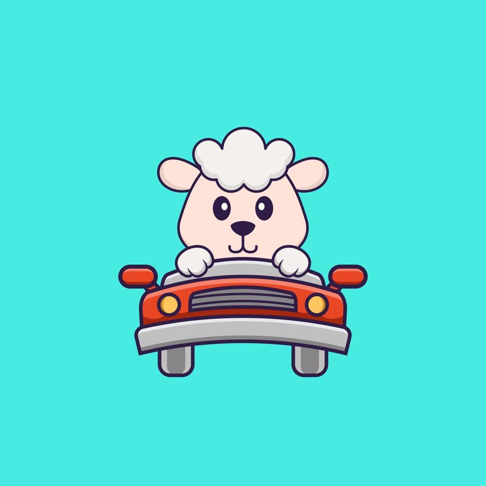 Cute sheep is driving. Animal cartoon concept isolated. Can used for t-shirt, greeting card, invitation card or mascot. Flat Cartoon Style vector