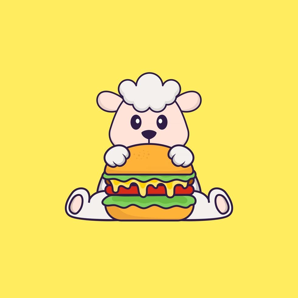 Cute sheep eating burger. Animal cartoon concept isolated. Can used for t-shirt, greeting card, invitation card or mascot. Flat Cartoon Style vector