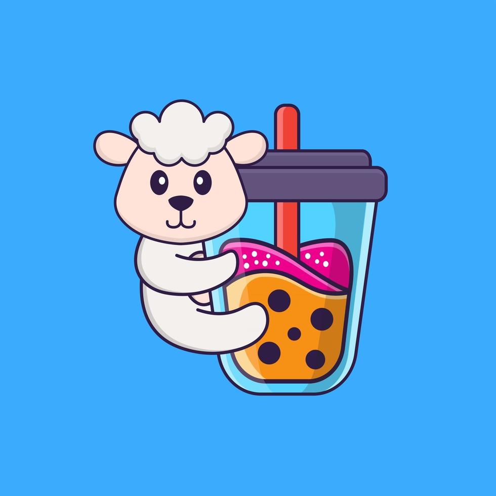 Cute sheep Drinking Boba milk tea. Animal cartoon concept isolated. Can used for t-shirt, greeting card, invitation card or mascot. Flat Cartoon Style vector