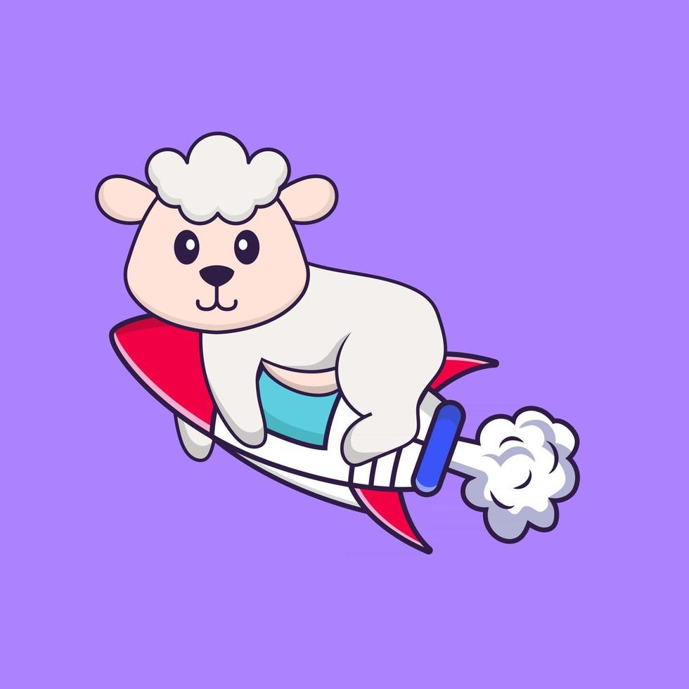 Cute sheep flying on rocket. Animal cartoon concept isolated. Can used for t-shirt, greeting card, invitation card or mascot. Flat Cartoon Style vector
