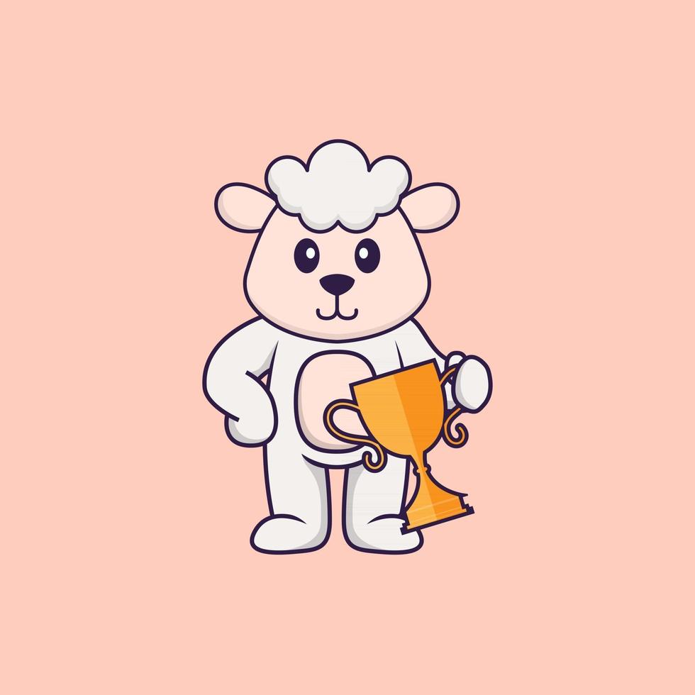 Cute sheep holding gold trophy. Animal cartoon concept isolated. Can used for t-shirt, greeting card, invitation card or mascot. Flat Cartoon Style vector