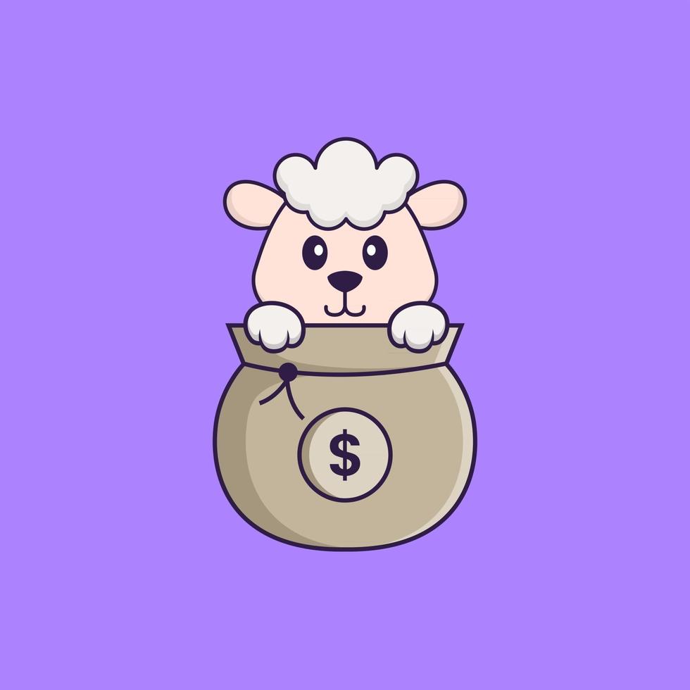 Cute sheep playing in money bag. Animal cartoon concept isolated. Can used for t-shirt, greeting card, invitation card or mascot. Flat Cartoon Style vector