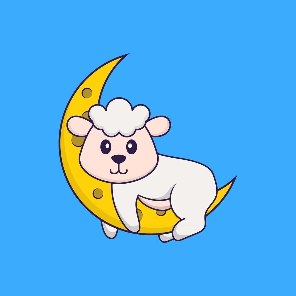 Cute sheep is on the moon. Animal cartoon concept isolated. Can used for t-shirt, greeting card, invitation card or mascot. Flat Cartoon Style vector