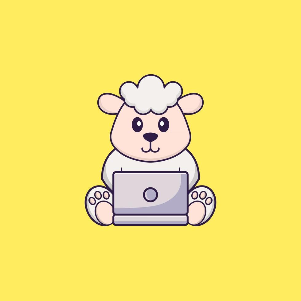 oveja linda usando laptop. aislado concepto de dibujos animados de animales. Puede utilizarse para camiseta, tarjeta de felicitación, tarjeta de invitación o mascota. estilo de dibujos animados plana vector