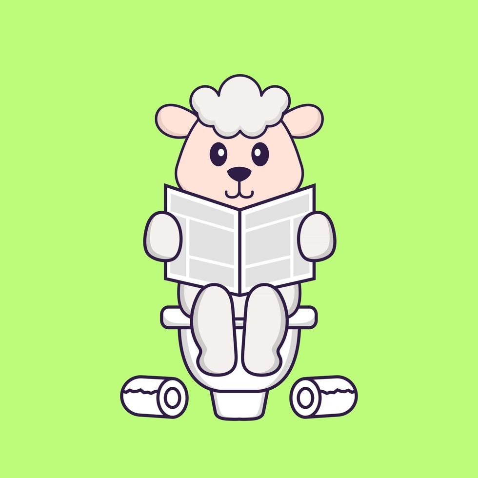 Cute sheep Pooping On Toilet and read newspaper. Animal cartoon concept isolated. Can used for t-shirt, greeting card, invitation card or mascot. Flat Cartoon Style vector