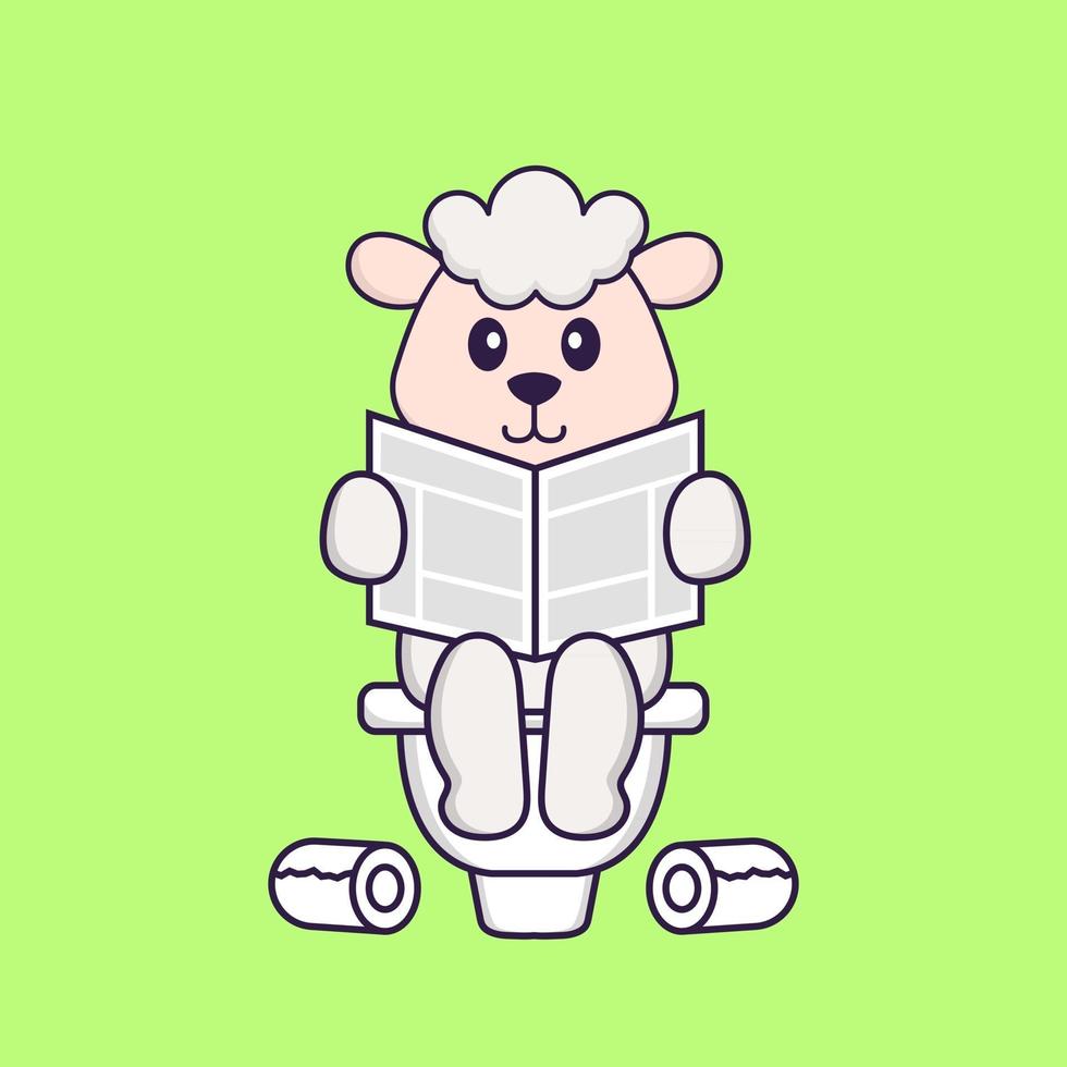 Cute sheep Pooping On Toilet and read newspaper. Animal cartoon concept isolated. Can used for t-shirt, greeting card, invitation card or mascot. Flat Cartoon Style vector