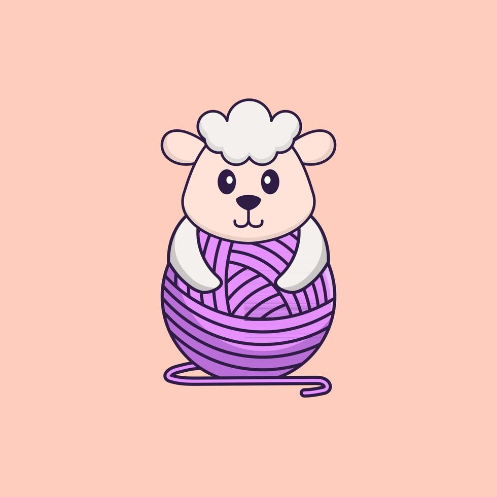 Cute sheep playing with wool yarn. Animal cartoon concept isolated. Can used for t-shirt, greeting card, invitation card or mascot. Flat Cartoon Style vector