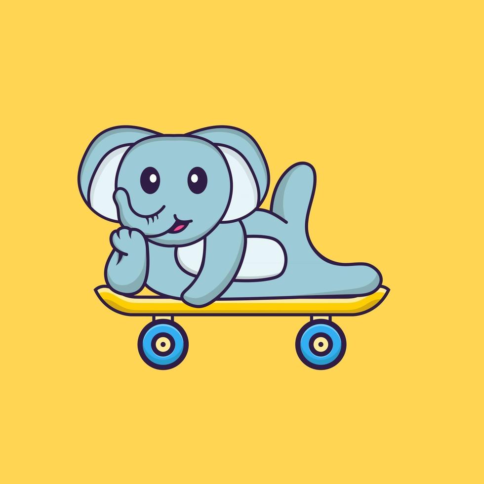 lindo elefante acostado en una patineta. aislado concepto de dibujos animados de animales. Puede utilizarse para camiseta, tarjeta de felicitación, tarjeta de invitación o mascota. estilo de dibujos animados plana vector