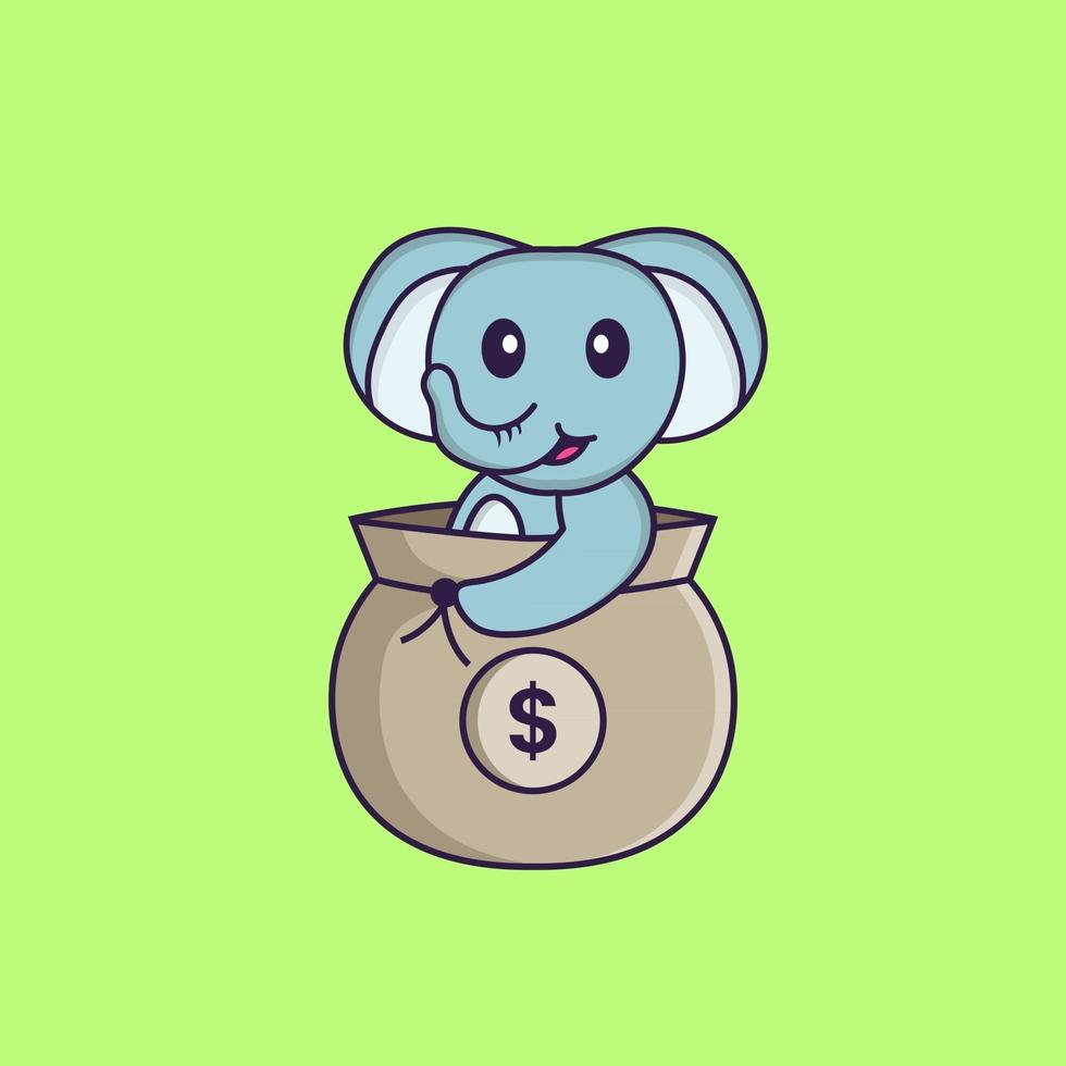 lindo elefante en una bolsa de dinero. aislado concepto de dibujos animados de animales. Puede utilizarse para camiseta, tarjeta de felicitación, tarjeta de invitación o mascota. estilo de dibujos animados plana vector