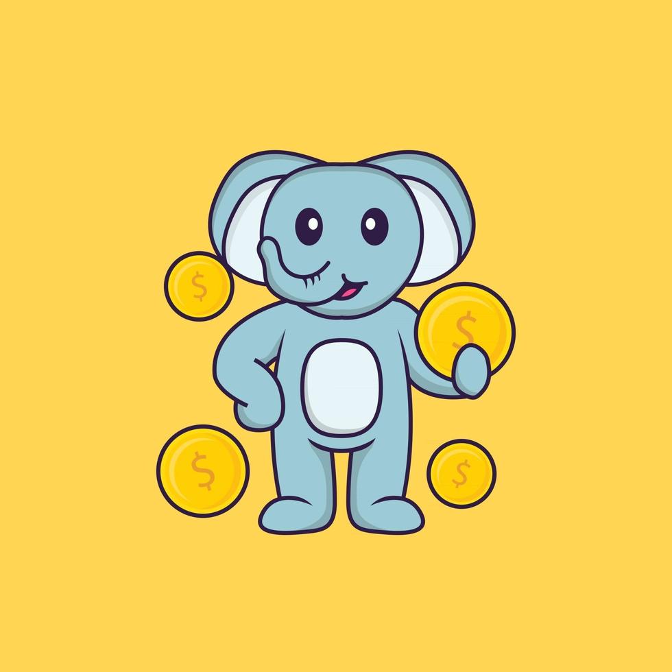 lindo elefante sosteniendo una moneda. aislado concepto de dibujos animados de animales. Puede utilizarse para camiseta, tarjeta de felicitación, tarjeta de invitación o mascota. estilo de dibujos animados plana vector