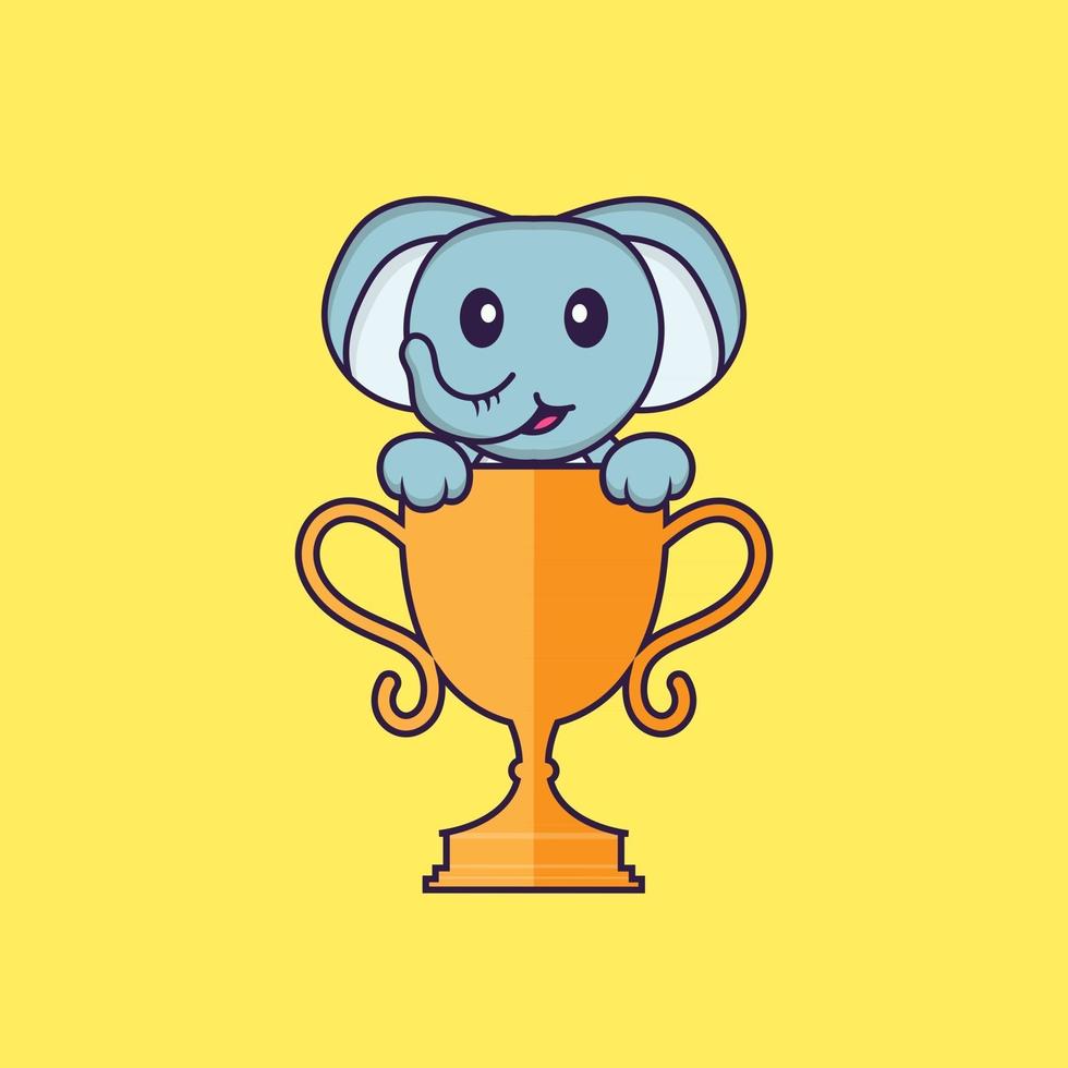 Cute elephant with gold trophy. Animal cartoon concept isolated. Can used for t-shirt, greeting card, invitation card or mascot. Flat Cartoon Style vector