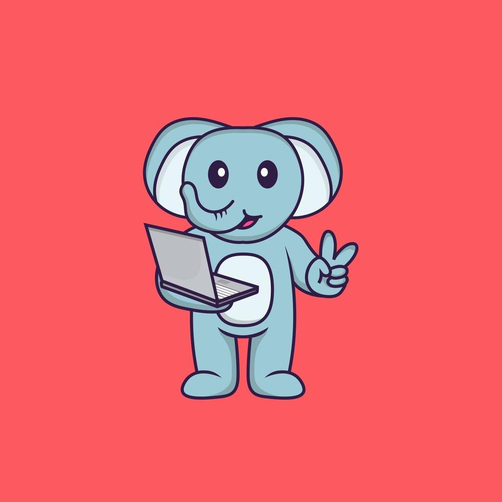 Cute elephant holding laptop. Animal cartoon concept isolated. Can used for t-shirt, greeting card, invitation card or mascot. Flat Cartoon Style vector