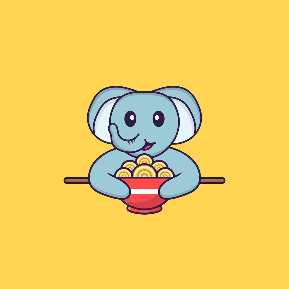 lindo elefante comiendo fideos ramen. aislado concepto de dibujos animados de animales. Puede utilizarse para camiseta, tarjeta de felicitación, tarjeta de invitación o mascota. estilo de dibujos animados plana vector