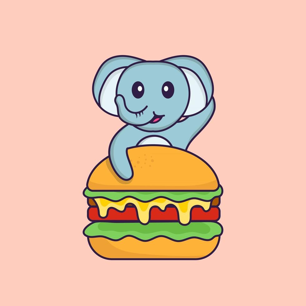 Cute elephant eating burger. Animal cartoon concept isolated. Can used for t-shirt, greeting card, invitation card or mascot. Flat Cartoon Style vector
