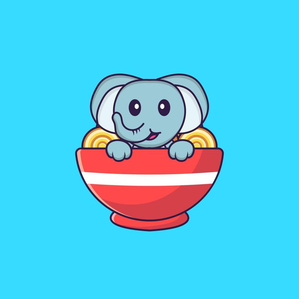 Cute elephant eating ramen noodles. Animal cartoon concept isolated. Can used for t-shirt, greeting card, invitation card or mascot. Flat Cartoon Style vector