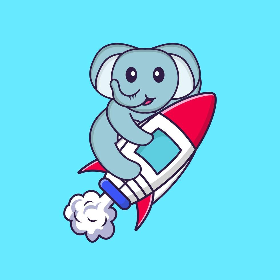 Cute elephant flying on rocket. Animal cartoon concept isolated. Can used for t-shirt, greeting card, invitation card or mascot. Flat Cartoon Style vector