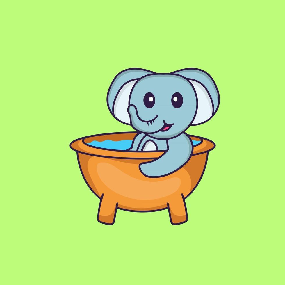 Cute elephant taking a bath in the bathtub. Animal cartoon concept isolated. Can used for t-shirt, greeting card, invitation card or mascot. Flat Cartoon Style vector