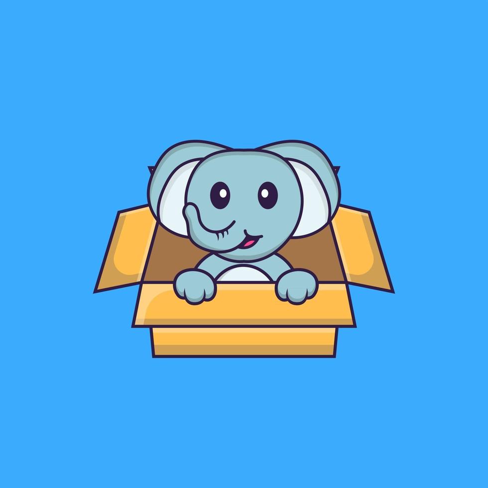 Cute elephant Playing In Box. Animal cartoon concept isolated. Can used for t-shirt, greeting card, invitation card or mascot. Flat Cartoon Style vector