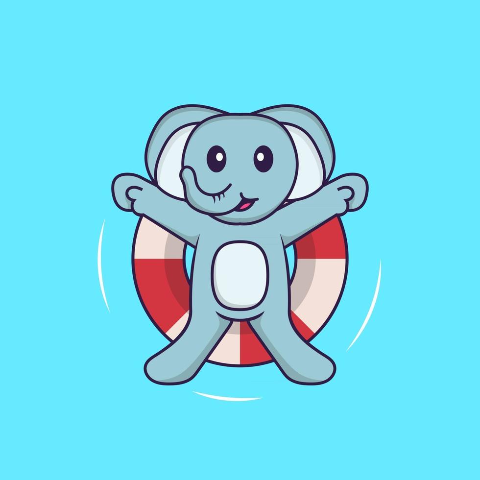 Cute elephant is Swimming with a buoy. Animal cartoon concept isolated. Can used for t-shirt, greeting card, invitation card or mascot. Flat Cartoon Style vector