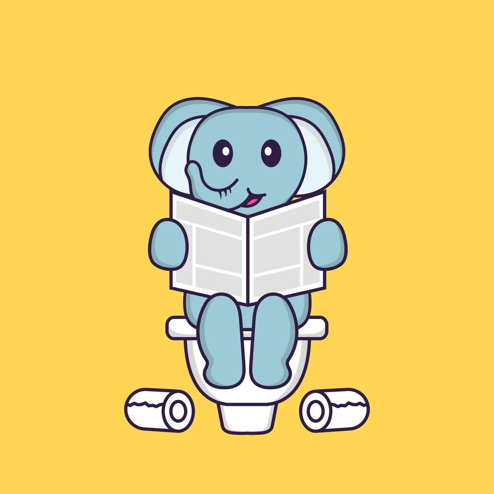 Cute elephant Pooping On Toilet and read newspaper. Animal cartoon concept isolated. Can used for t-shirt, greeting card, invitation card or mascot. Flat Cartoon Style vector