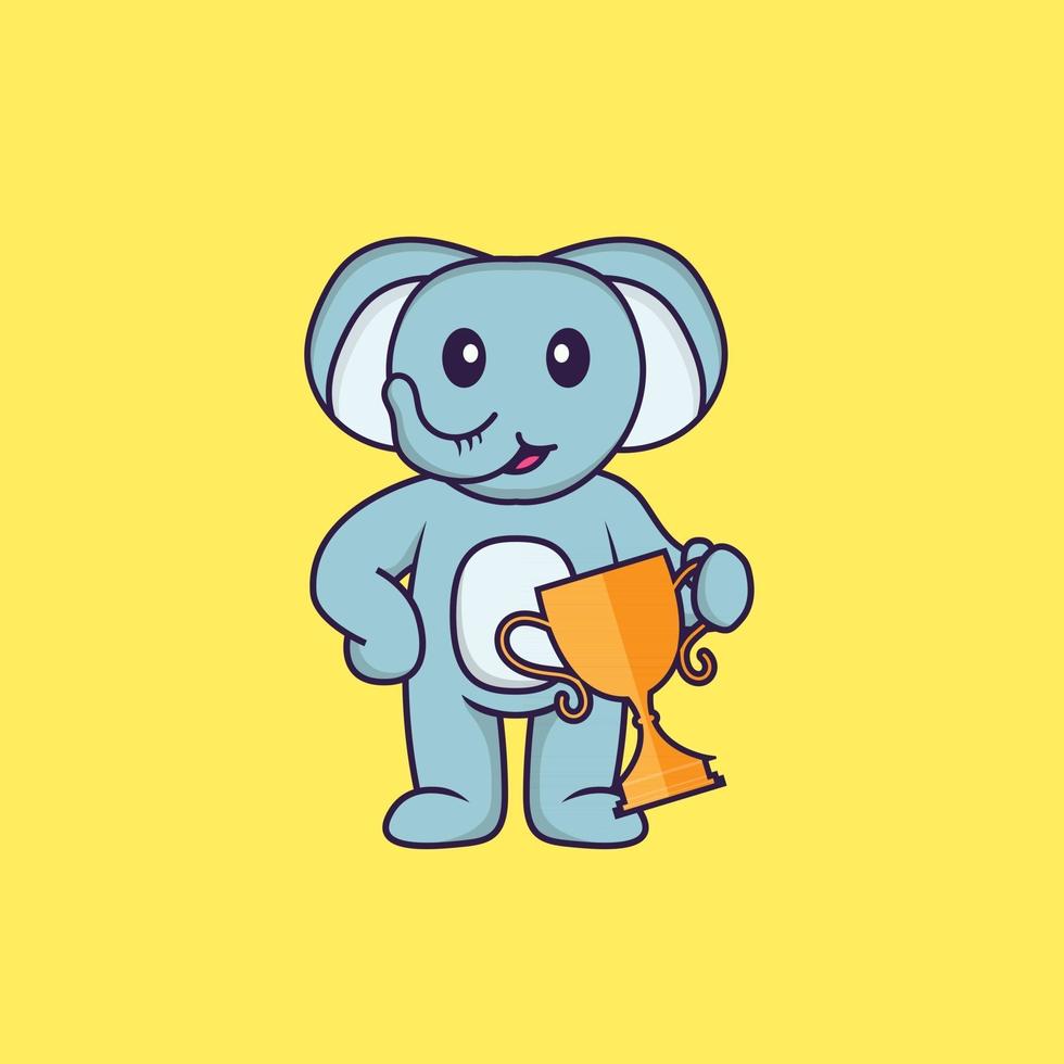 Cute elephant holding gold trophy. Animal cartoon concept isolated. Can used for t-shirt, greeting card, invitation card or mascot. Flat Cartoon Style vector