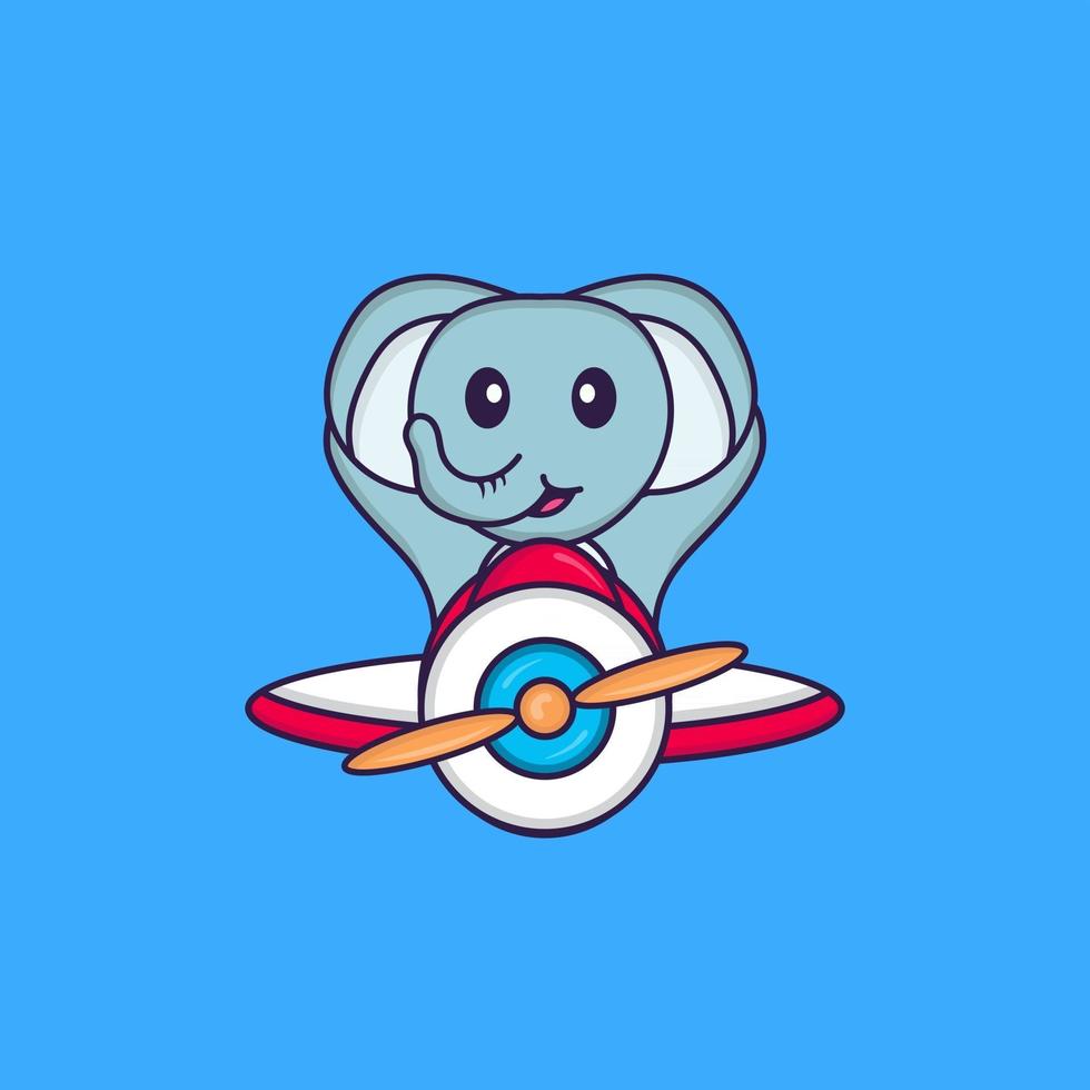 Cute elephant flying on a plane. Animal cartoon concept isolated. Can used for t-shirt, greeting card, invitation card or mascot. Flat Cartoon Style vector