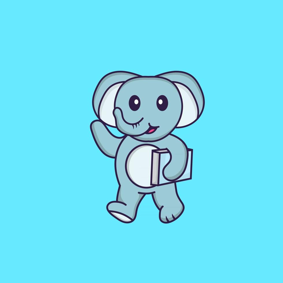 lindo elefante sosteniendo un libro. aislado concepto de dibujos animados de animales. Puede utilizarse para camiseta, tarjeta de felicitación, tarjeta de invitación o mascota. estilo de dibujos animados plana vector