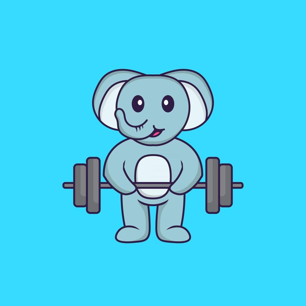 Cute elephant lifts the barbell. Animal cartoon concept isolated. Can used for t-shirt, greeting card, invitation card or mascot. Flat Cartoon Style vector