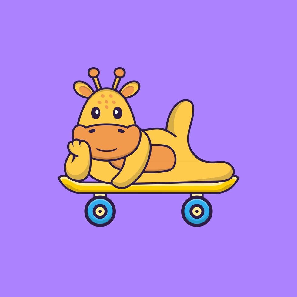 Cute giraffe lying on a skateboard. Animal cartoon concept isolated. Can used for t-shirt, greeting card, invitation card or mascot. Flat Cartoon Style vector