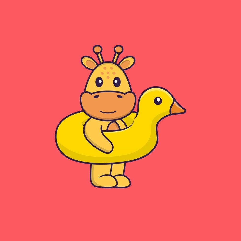 Cute giraffe With Duck buoy. Animal cartoon concept isolated. Can used for t-shirt, greeting card, invitation card or mascot. Flat Cartoon Style vector