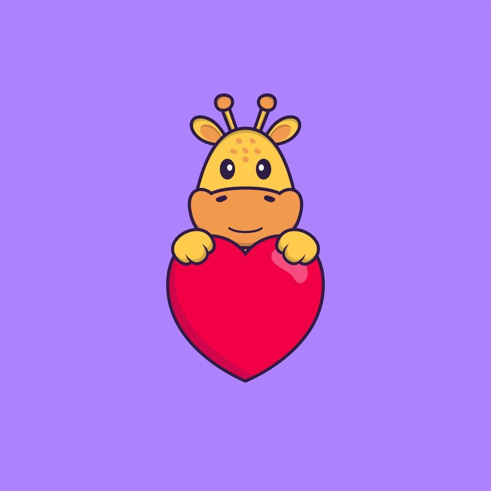 linda jirafa sosteniendo un gran corazón rojo. aislado concepto de dibujos animados de animales. Puede utilizarse para camiseta, tarjeta de felicitación, tarjeta de invitación o mascota. estilo de dibujos animados plana vector