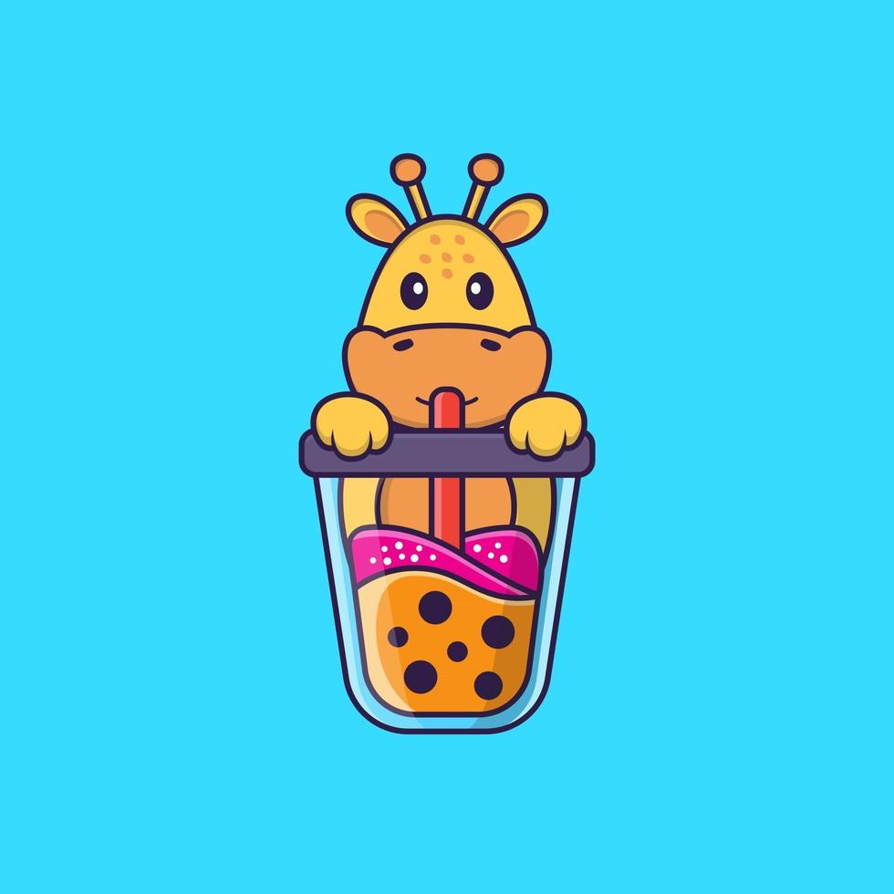 linda jirafa bebiendo té con leche boba. aislado concepto de dibujos animados de animales. Puede utilizarse para camiseta, tarjeta de felicitación, tarjeta de invitación o mascota. estilo de dibujos animados plana vector