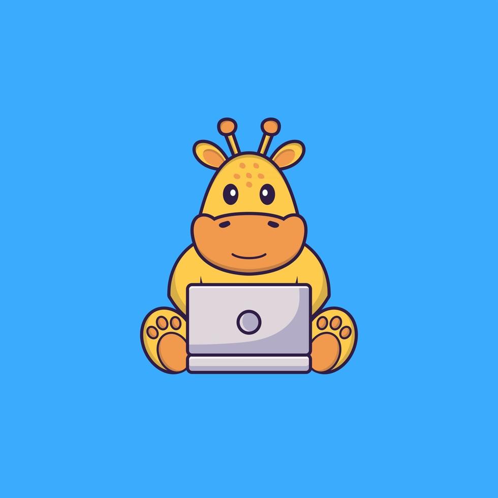 linda jirafa usando laptop. aislado concepto de dibujos animados de animales. Puede utilizarse para camiseta, tarjeta de felicitación, tarjeta de invitación o mascota. estilo de dibujos animados plana vector