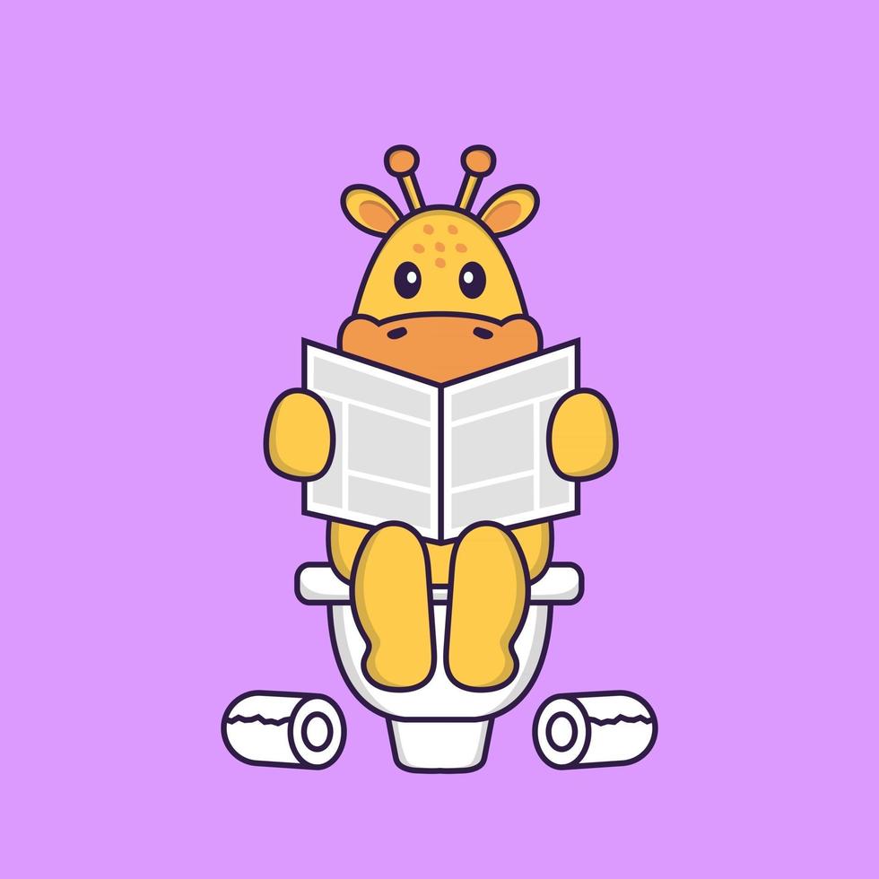 Cute giraffe Pooping On Toilet and read newspaper. Animal cartoon concept isolated. Can used for t-shirt, greeting card, invitation card or mascot. Flat Cartoon Style vector
