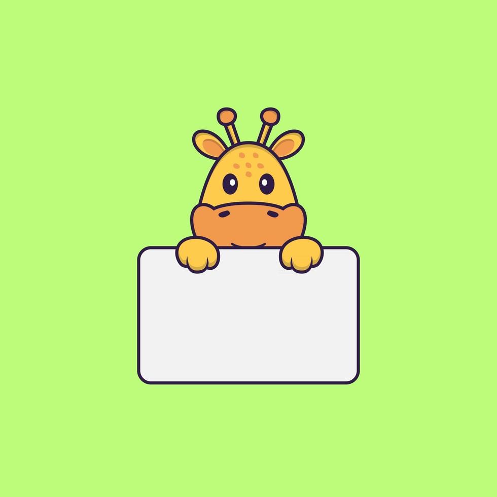 Cute giraffe holding whiteboard. Animal cartoon concept isolated. Can used for t-shirt, greeting card, invitation card or mascot. Flat Cartoon Style vector