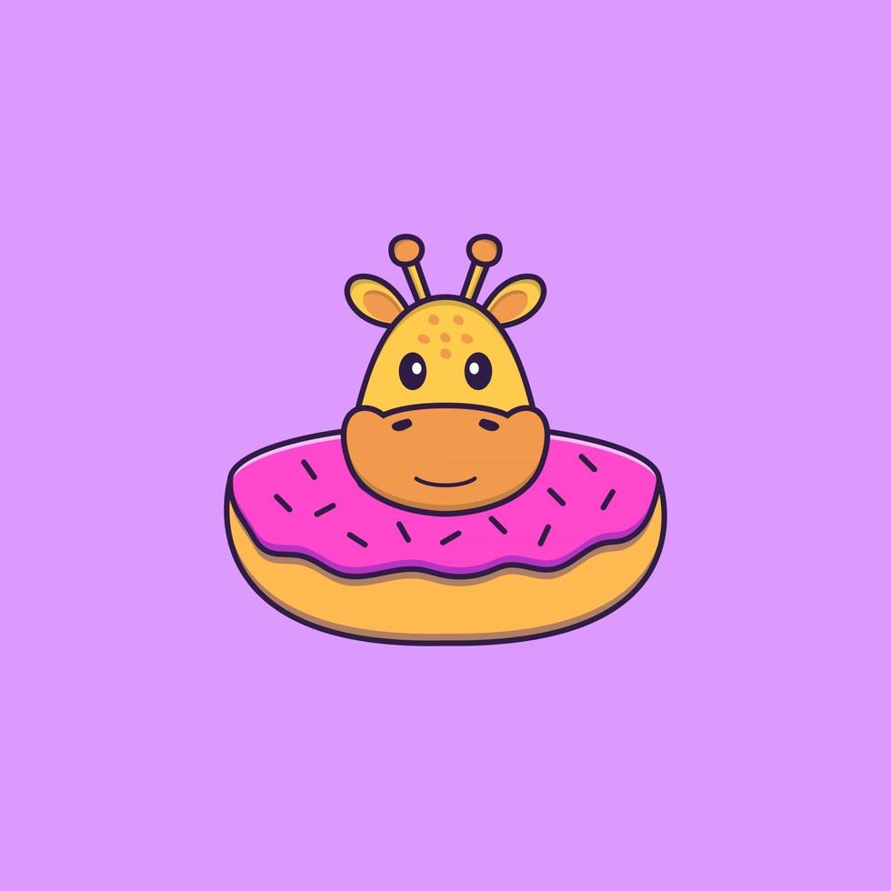 Cute giraffe with a donut on his neck. Animal cartoon concept isolated. Can used for t-shirt, greeting card, invitation card or mascot. Flat Cartoon Style vector