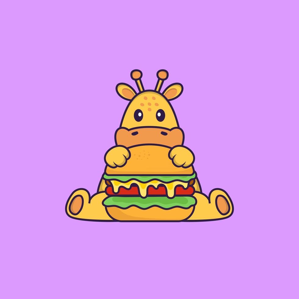 Cute giraffe eating burger. Animal cartoon concept isolated. Can used for t-shirt, greeting card, invitation card or mascot. Flat Cartoon Style vector