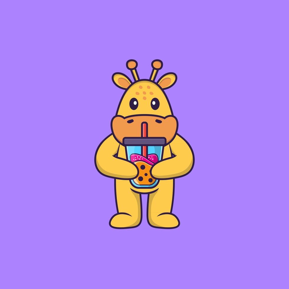 Cute giraffe Drinking Boba milk tea. Animal cartoon concept isolated. Can used for t-shirt, greeting card, invitation card or mascot. Flat Cartoon Style vector