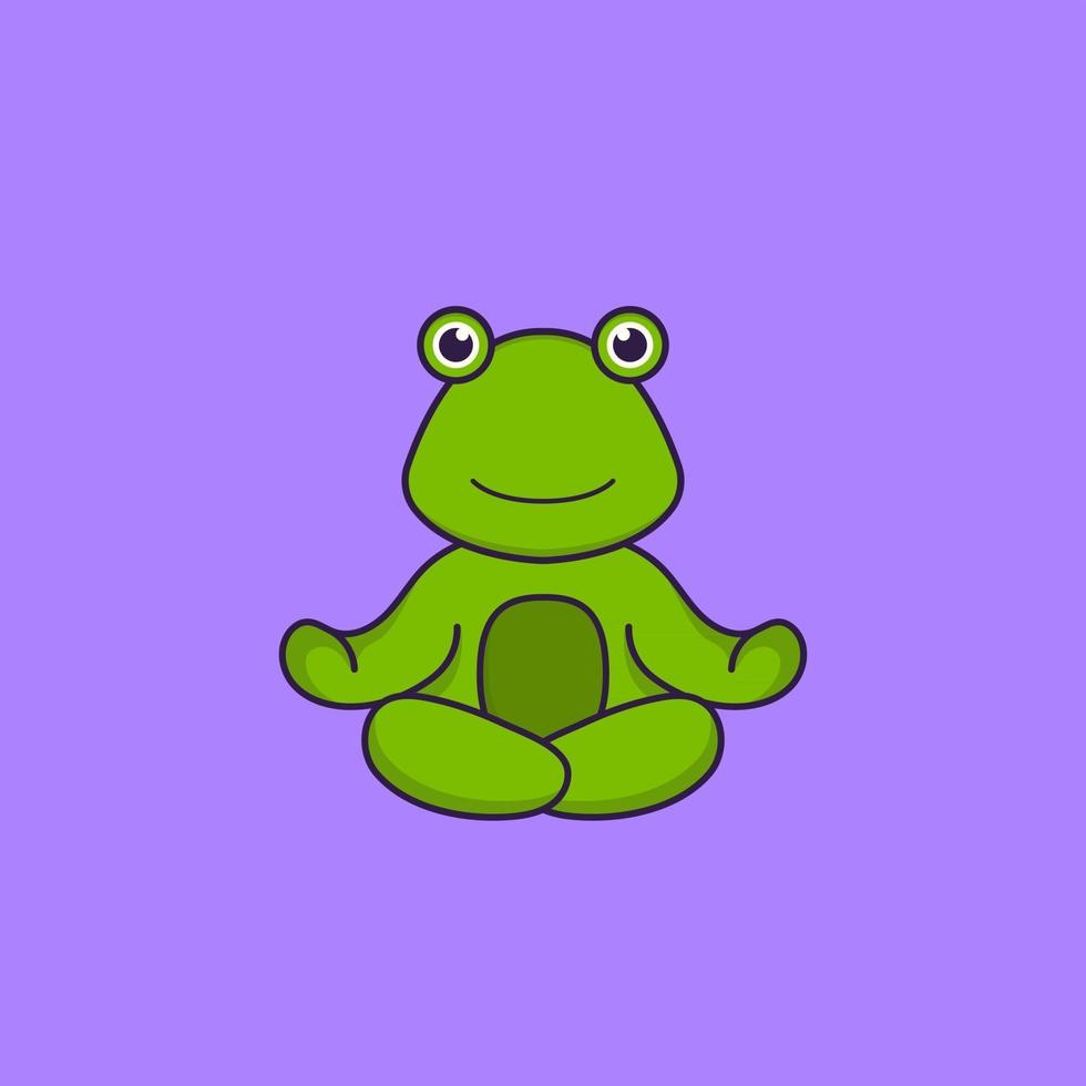 Cute frog is meditating or doing yoga. Animal cartoon concept isolated. Can used for t-shirt, greeting card, invitation card or mascot. Flat Cartoon Style vector