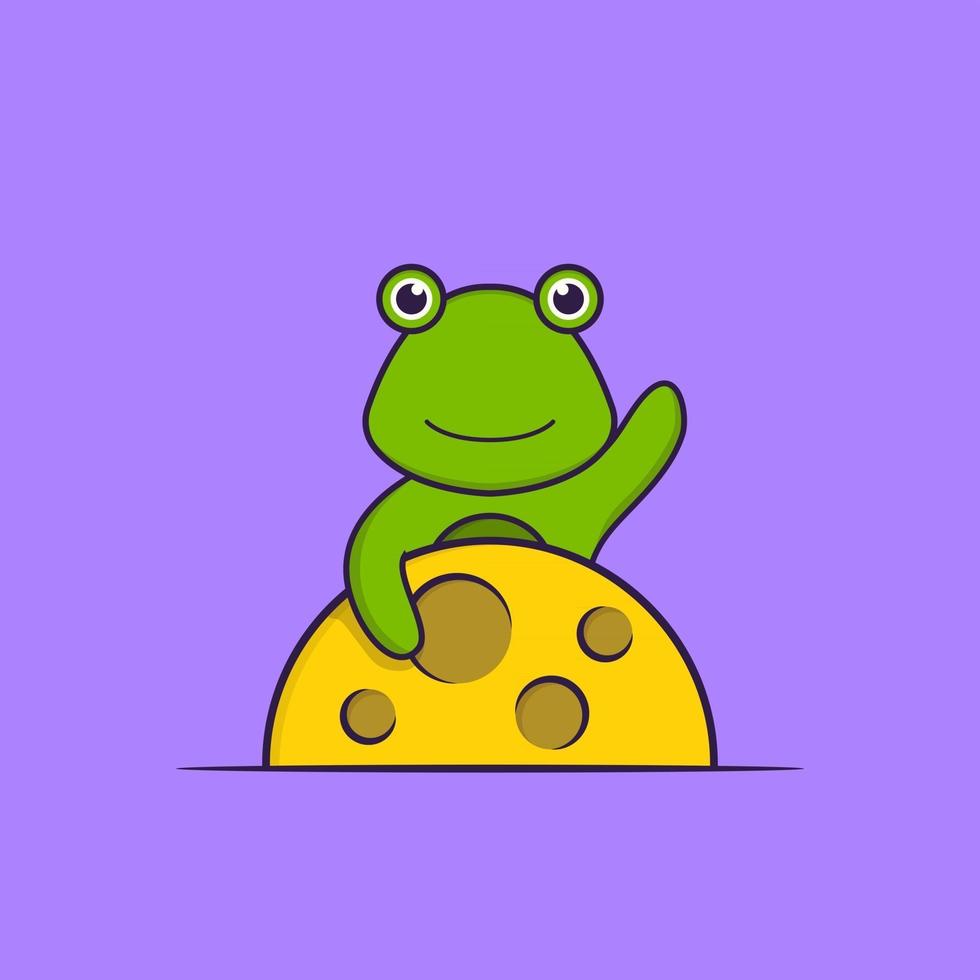 Cute frog is on the moon. Animal cartoon concept isolated. Can used for t-shirt, greeting card, invitation card or mascot. Flat Cartoon Style vector