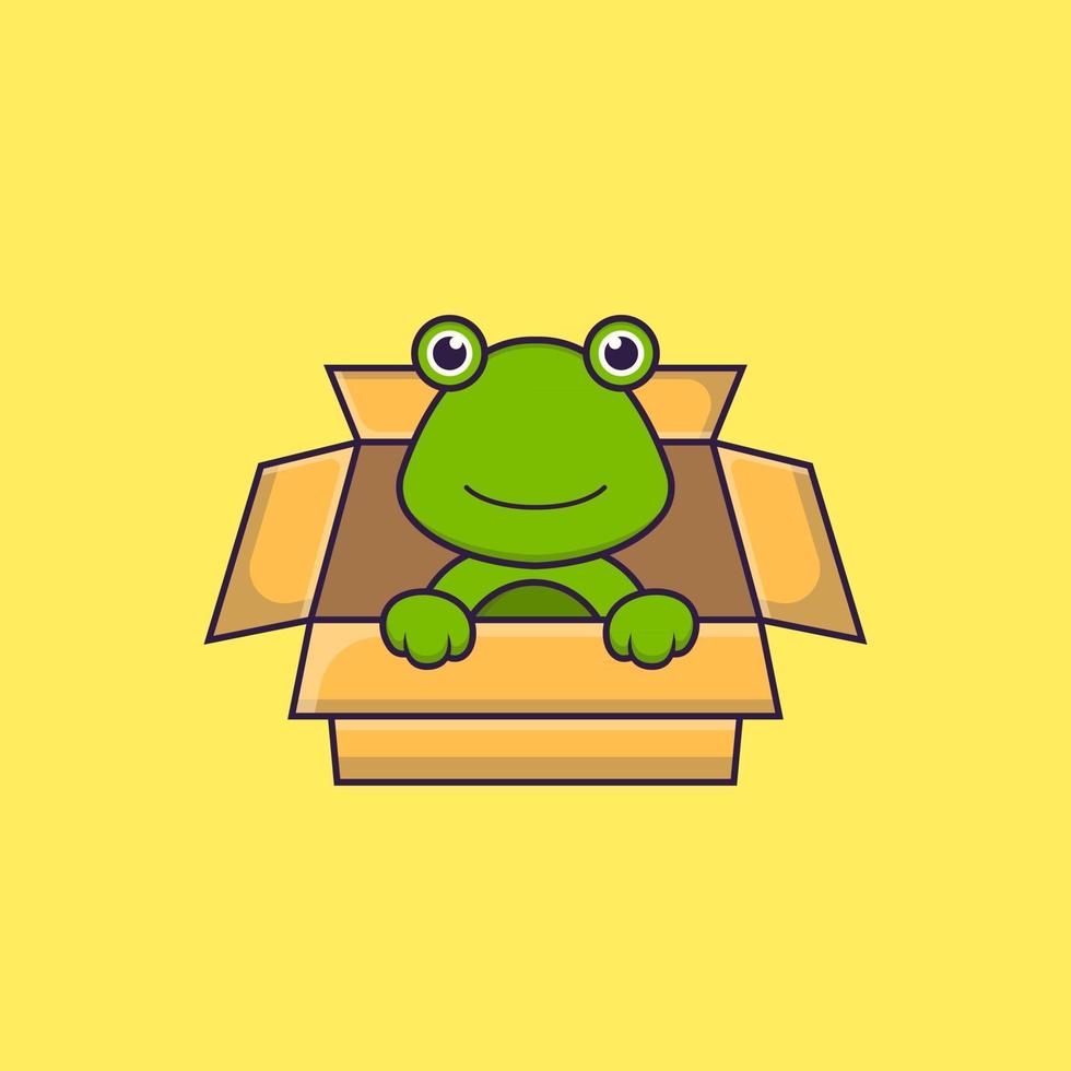 Cute frog Playing In Box. Animal cartoon concept isolated. Can used for t-shirt, greeting card, invitation card or mascot. Flat Cartoon Style vector