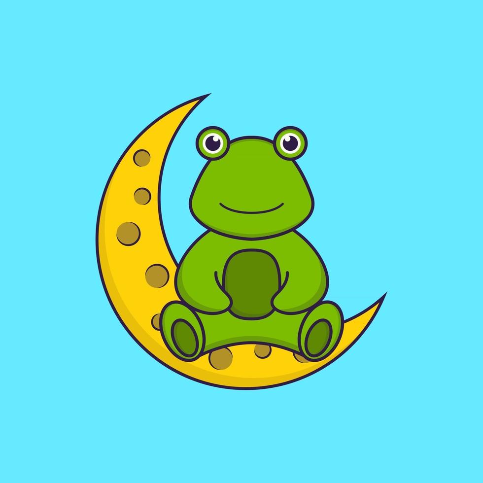 Cute frog is sitting on the moon. Animal cartoon concept isolated. Can used for t-shirt, greeting card, invitation card or mascot. Flat Cartoon Style vector