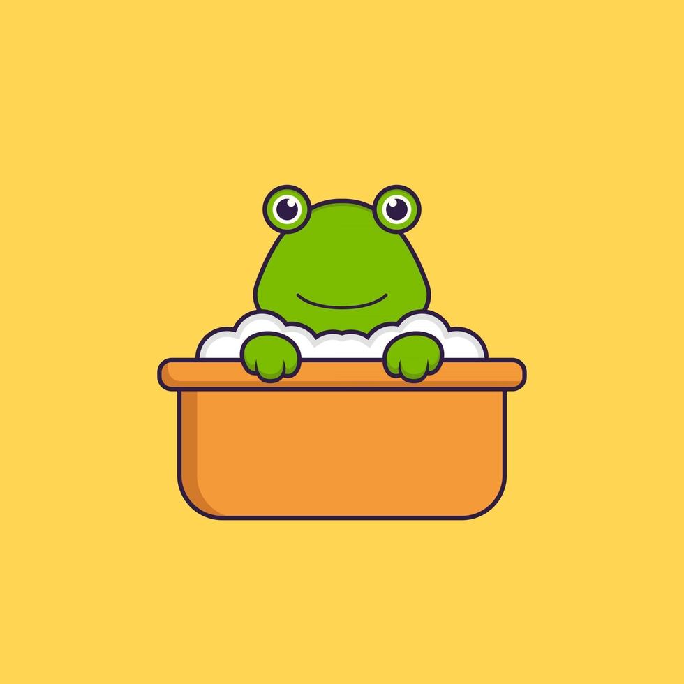 Cute frog taking a bath in the bathtub. Animal cartoon concept isolated. Can used for t-shirt, greeting card, invitation card or mascot. Flat Cartoon Style vector