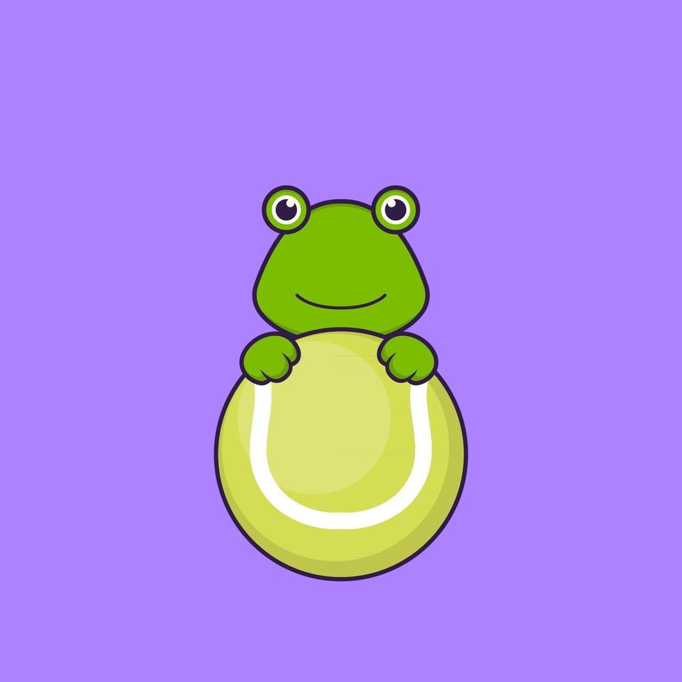 linda rana jugando al tenis. aislado concepto de dibujos animados de animales. Puede utilizarse para camiseta, tarjeta de felicitación, tarjeta de invitación o mascota. estilo de dibujos animados plana vector