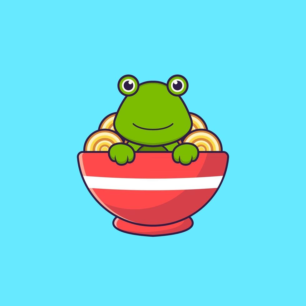 Cute frog eating ramen noodles. Animal cartoon concept isolated. Can used for t-shirt, greeting card, invitation card or mascot. Flat Cartoon Style vector